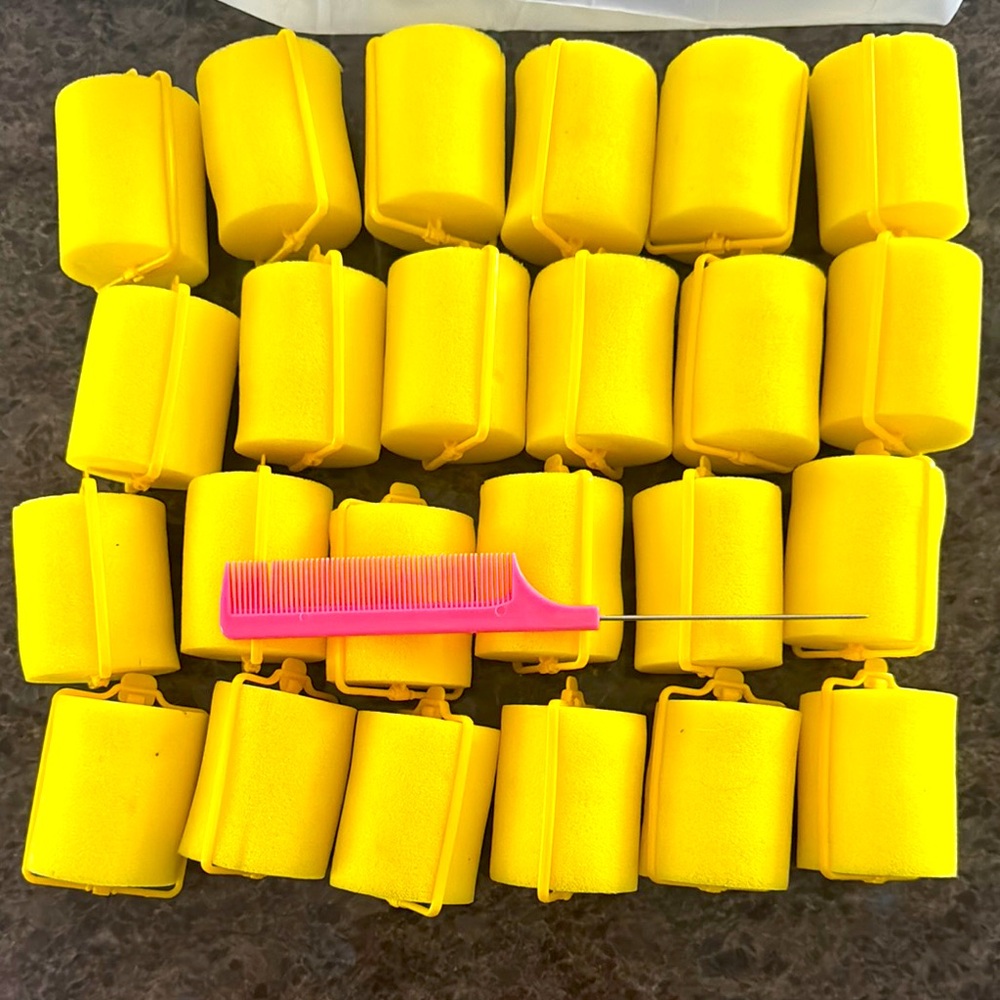Yellow Foam Hair Rollers Set with Pink Tail Comb - Women Hair Styling
